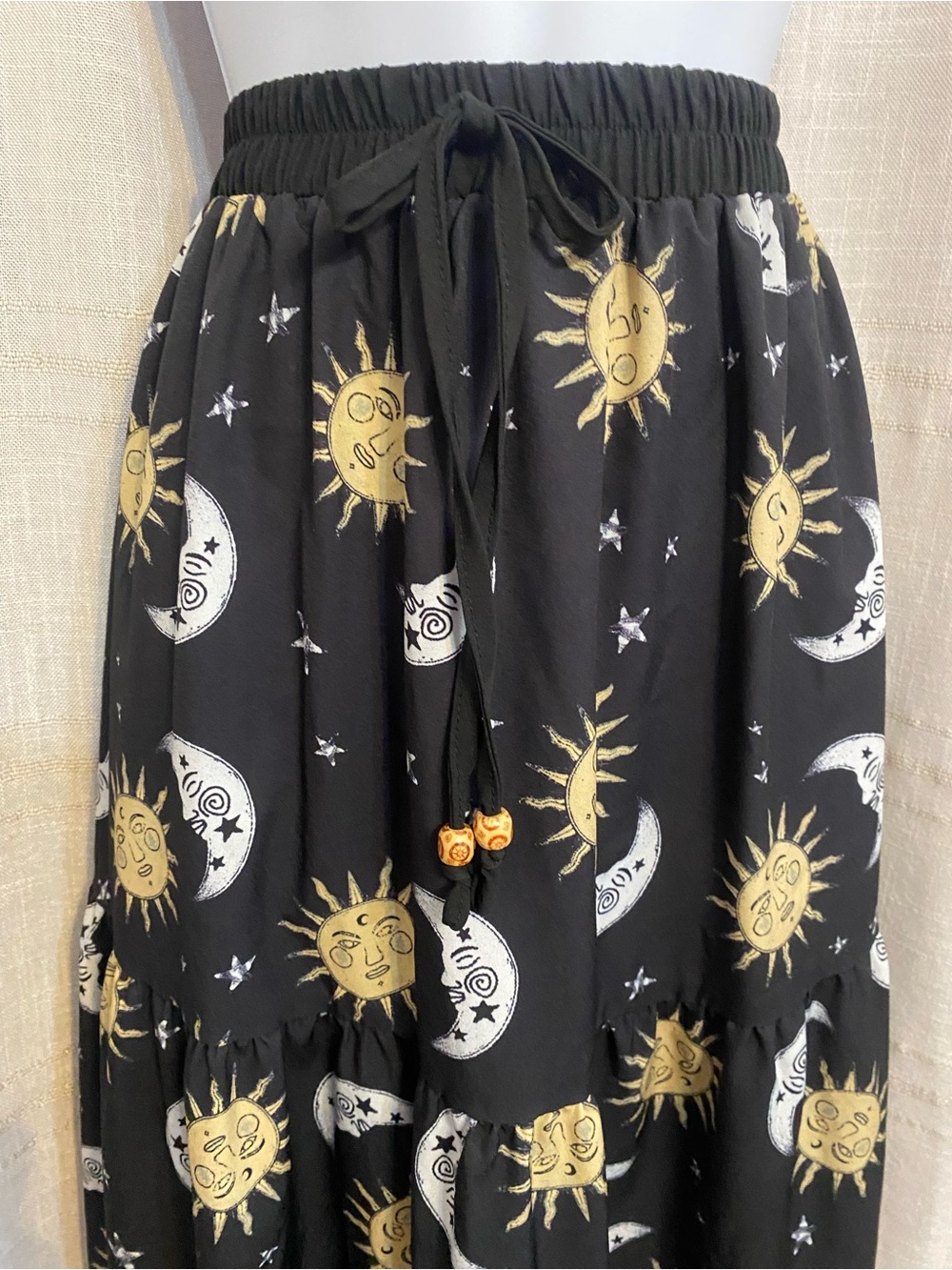 Celestial Sun Moon Maxi Skirt 1XL Black Tiered Whimsigoth Drawstring - Picture 2 of 6